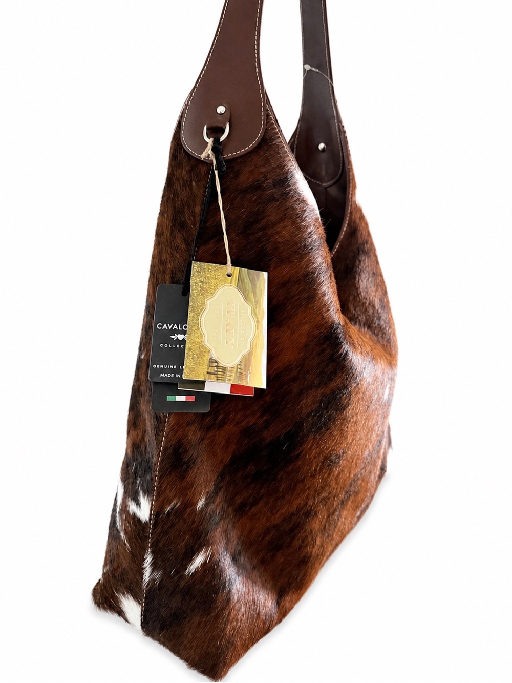 Cowhide Hobo Shoulder Bag in Brown and White - Picture 2 of 7